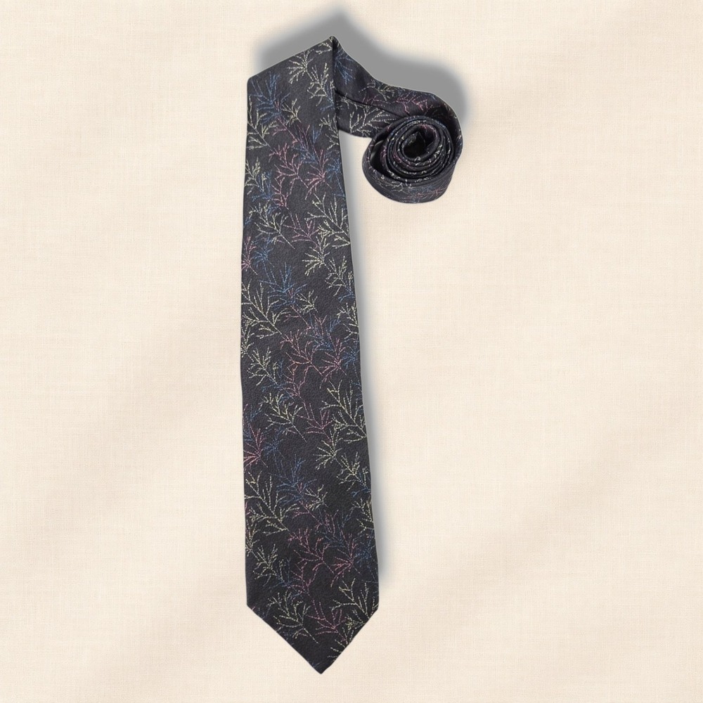 Fratelli‎ Silk Necktie Botanical Branch Print Charcoal Gray Blue Pastel Italy OS